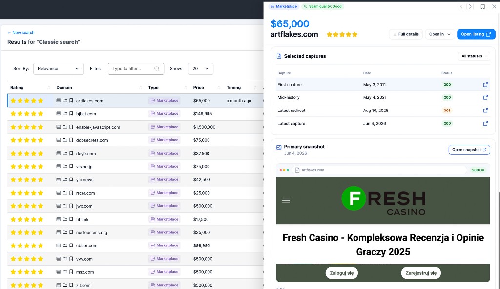 Example of expired domain abuse: artflakes.com listed as a marketplace domain with archive snapshots showing casino content on the latest capture